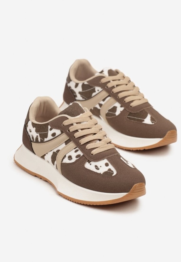 Brązowo-Białe Sneakersy z Geometrycznym Wzorem i Printem w Łaty Velwettia