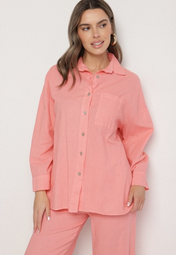 Jasnoróżowy Komplet z Lnu i Bawełny Koszula i Szerokie Spodnie Fenelli