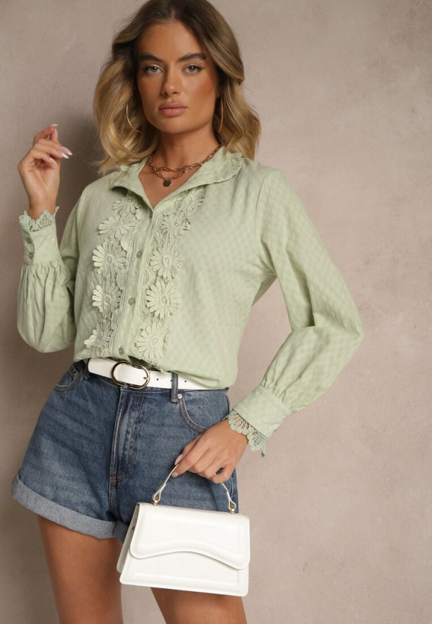 Zielona Koszula z Koronką i Kołnierzem Ranamas