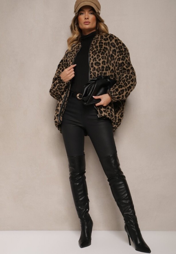 Brązowa Bluza z Lnem Oversize w Panterkę Tinnestira