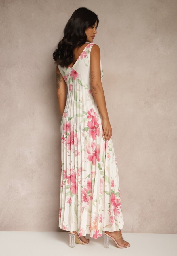 Beżowa Plisowana Sukienka o Rozkloszowanym Fasonie na Szerokich Ramiączkach Nitanela