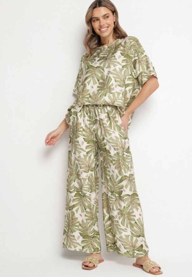 Ciemnozielony Wiskozowy Komplet z Motywem Roślinnym Szerokie Spodnie i T-shirt Evianira