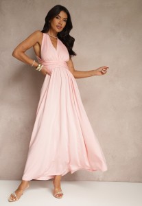 Różowa Sukienka Koktajlowa Multiway z Wiskozą Wiązana na Szyi Lilovea