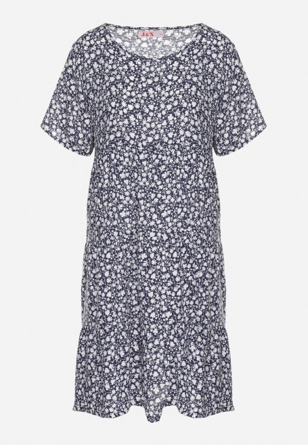 Niebieska Sukienka z Bawełną w Kwiatowy Wzór Lunasenia