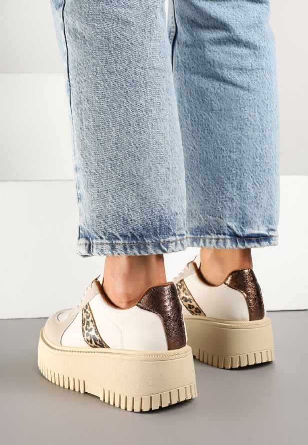 Beżowo-Panterkowe Sneakersy na Grubej Podeszwie z Ozdobnym Paskiem Viviriana