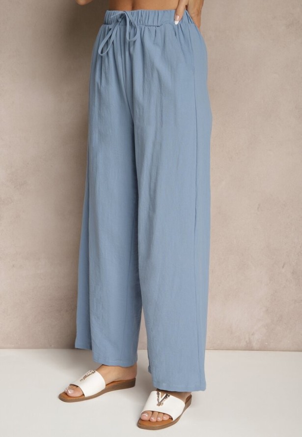 Niebieski Komplet z Bawełny Bluzka z Guzikami Szerokie Spodnie z Gumką w Talii Floricella