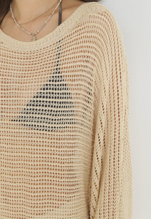Beżowa Dzianinowa Narzutka Tunika Szydełkowa Waylee