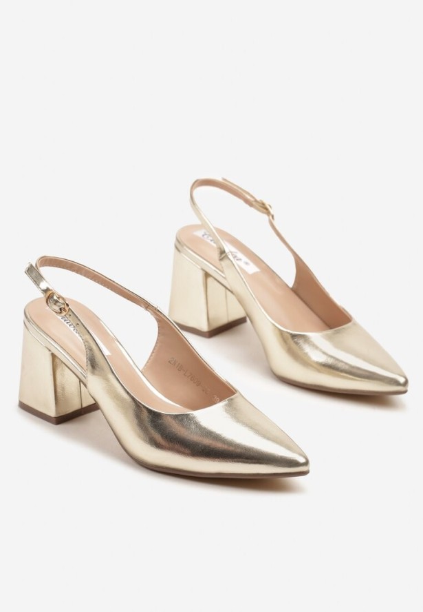 Złote Sandały Slingback na Słupkowym Obcasie Tenella