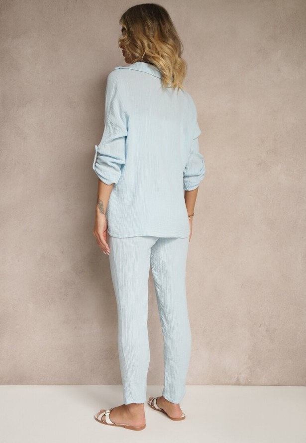 Jasnoniebieski Muślinowy Komplet z Bawełny Spodnie i Koszula z Regulowanymi Rękawami Janalise