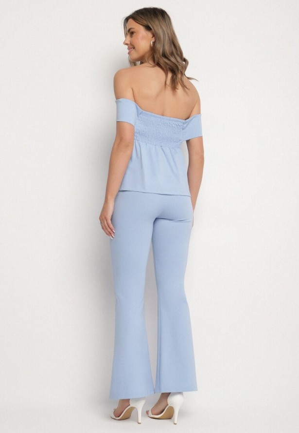 Niebieski Komplet Garniturowy Bluzka Hiszpanka z Guzikami i Spodnie Dzwony Yaskio