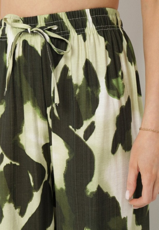 Jasnozielone Spodnie z Wiskozy o Szerokim Kroju z Wysokim Stanem w Panterkę Zelmara