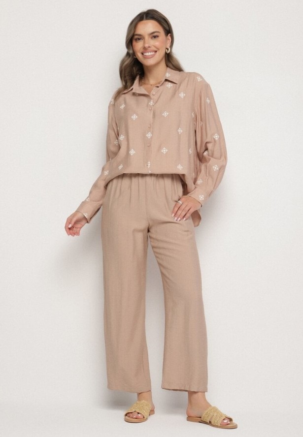 Ciemnobeżowy Komplet z Wiskozy o Kroju Oversize Koszula z Haftem i Spodnie Sadeonna
