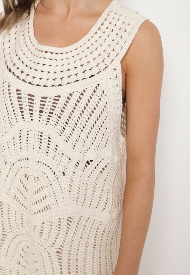 Beżowa Bawełniana Bluzka Oversize z Ażurowej Tkaniny Banirra