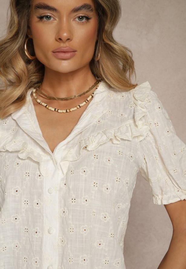 Biała Haftowana Koszula z Wiskozą i Falbanką Rinirea