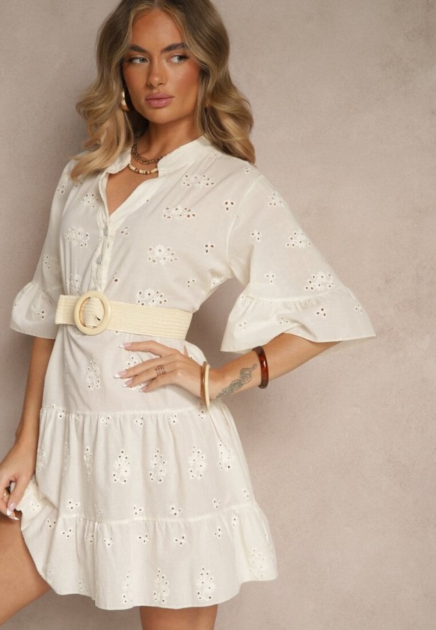 Jasnobeżowa Rozkloszowana Sukienka Koszulowa z Bawełny Zdobiona Haftem i Falbanami Filarosa