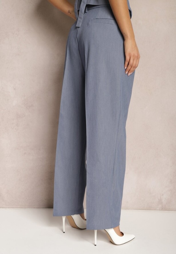 Niebieskie Spodnie High Waist w Garniturowym Stylu z Kieszeniami Junife