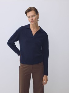 Sweter polo z wełny merino - granatowy
