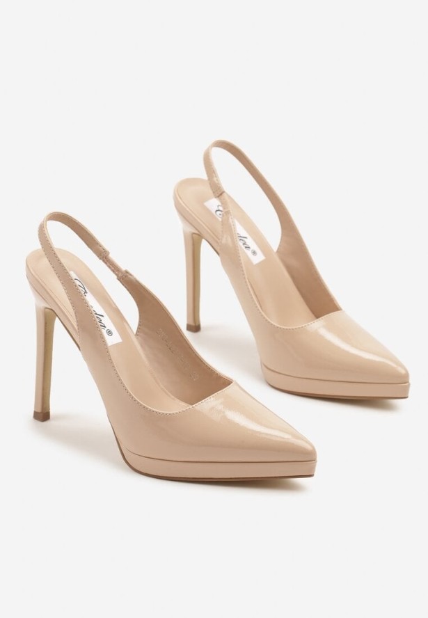 Beżowe Lakierowane Sandały Szpilki z Odkrytą Piętą Noviane