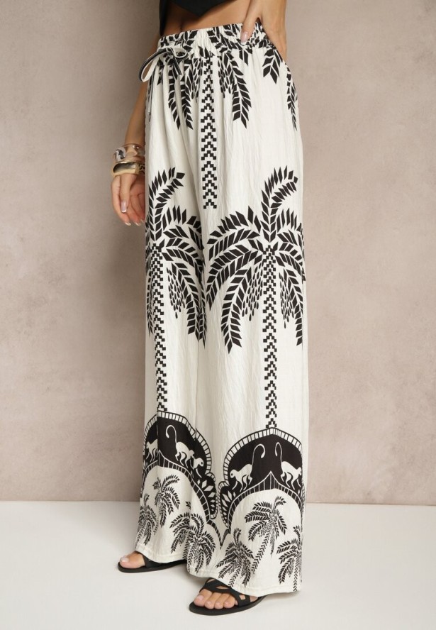 Białe Spodnie z Wiskozy o Szerokim Kroju High Waist z Palmami Varritia