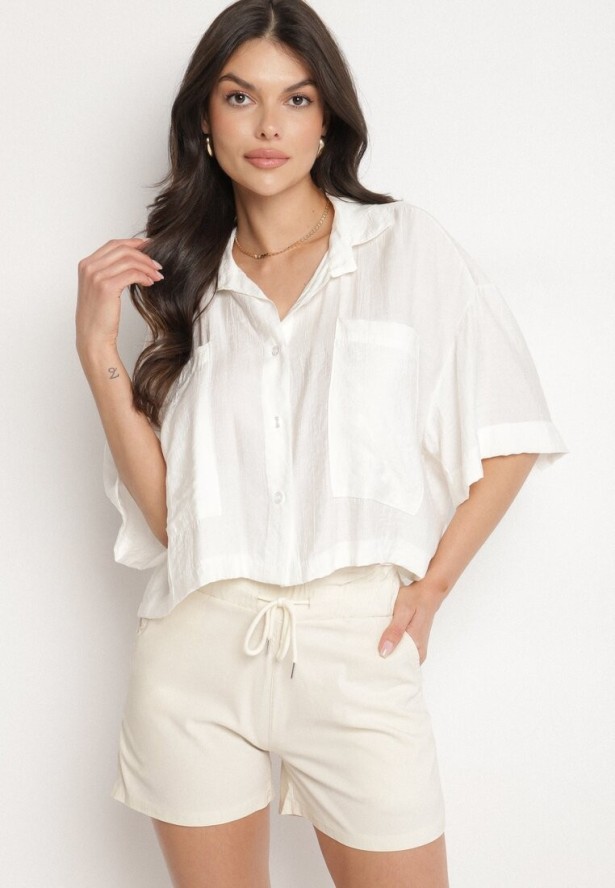 Jasnobeżowe Szorty z Bawełną z Wysokim Stanem Ozdobione Falbanką i Sznurkiem Acreria