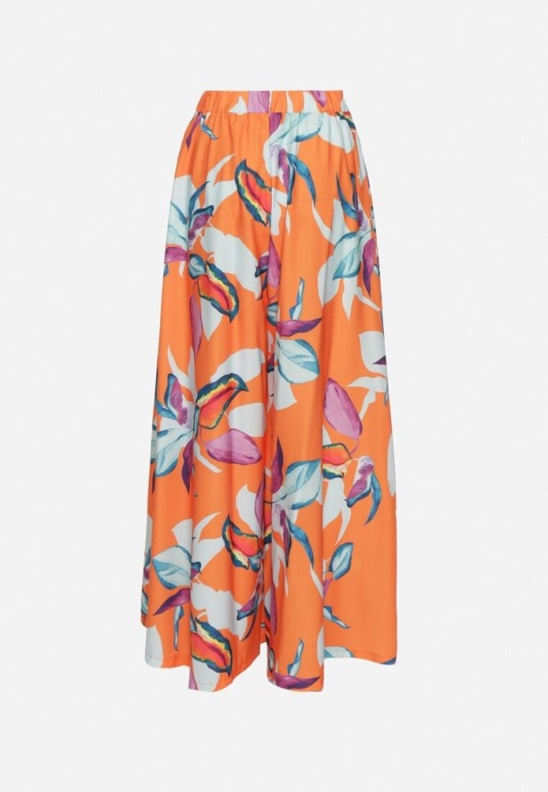 Pomarańczowe Spodnie Wiskozowe Szerokie we Florystyczny Print Orelvia