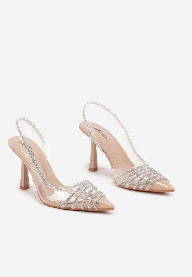 Beżowe Sandały na Obcasie Transparentne z Noskiem w Szpic Zdobione Cyrkoniami Feloril