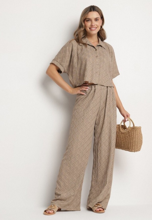 Jasnobrązowy Ażurowy Komplet Koszula z Kołnierzem Spodnie z Szerokimi Nogawkami i Gumką w Pasie Zalvia