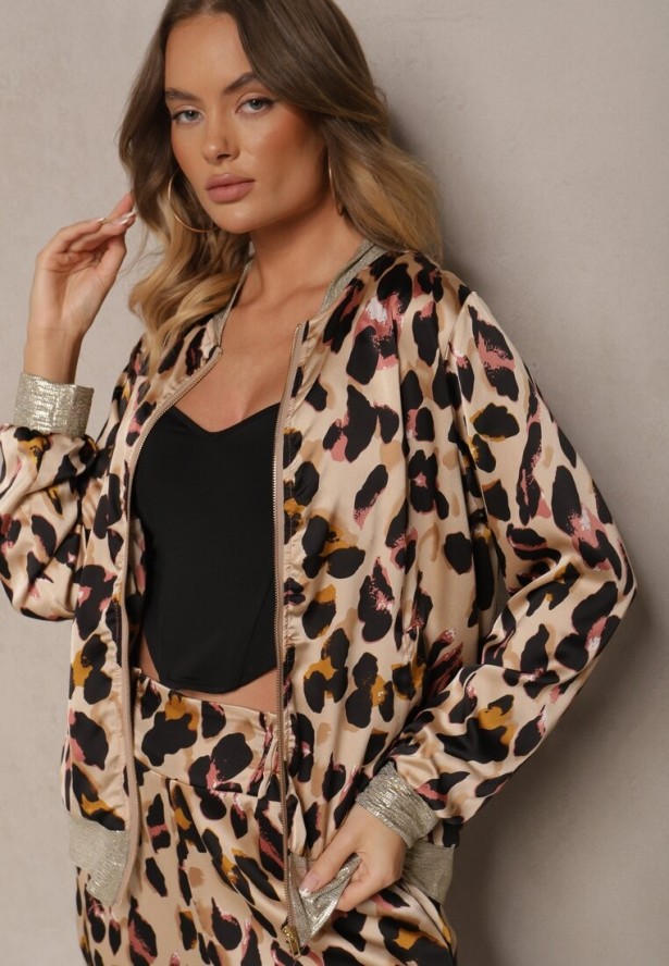 Różowo-Beżowa Panterkowa Kurtka w Stylu Bomberki Ozdobiona Ściągaczami Rinnovaria