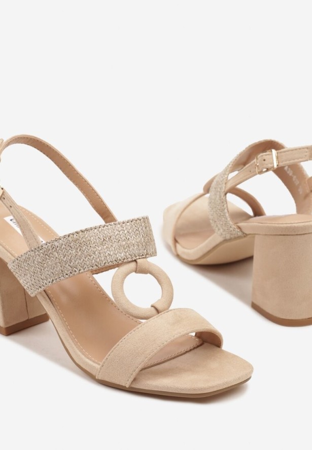 Beżowe Sandały na Obcasie z Plecionką i Okrągłą Ozdobą Telena