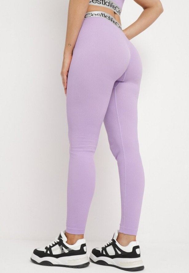Jasnofioletowe Elastyczne Legginsy z Szeroką Gumą w Pasie Rindama