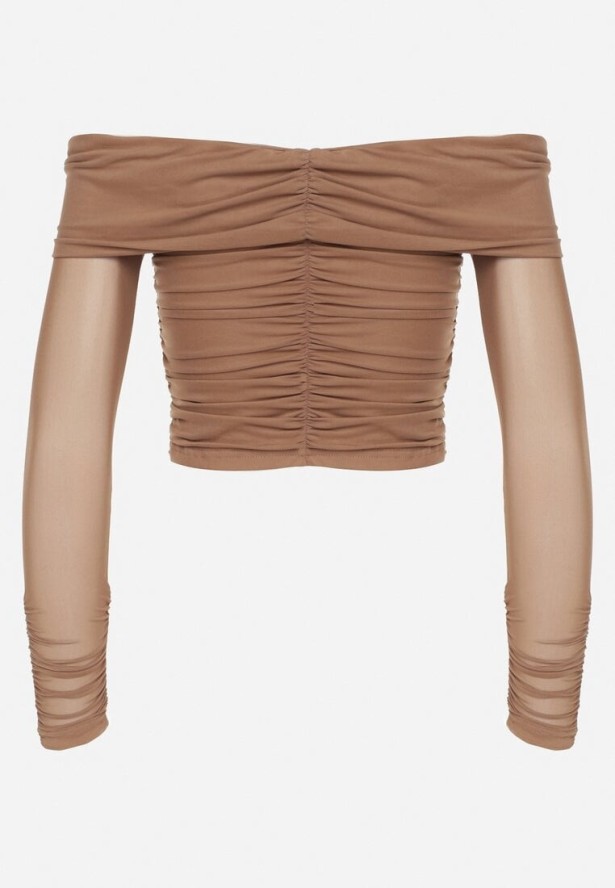 Ciemnobeżowa Siateczkowa Bluzka VICES z Odkrytymi Ramionami Ozdobiona Marszczeniem Tuvita