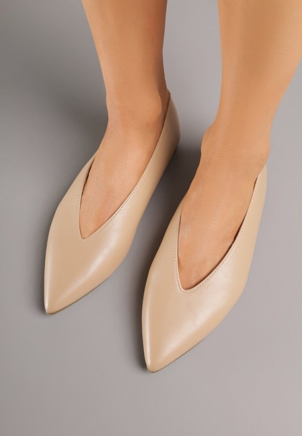 Ciemnobeżowe Balerinki Vices z Wkładką ze Skóry Naturalnej w Klasycznym Stylu Nalivee