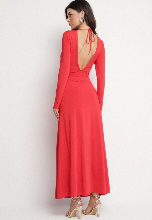 Czerwona Rozkloszowana Sukienka z Wiskozą z Odkrytymi Plecami i Wiązaniem Irellisa