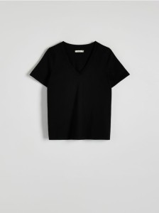 T-shirt regular z dekotem V - czarny