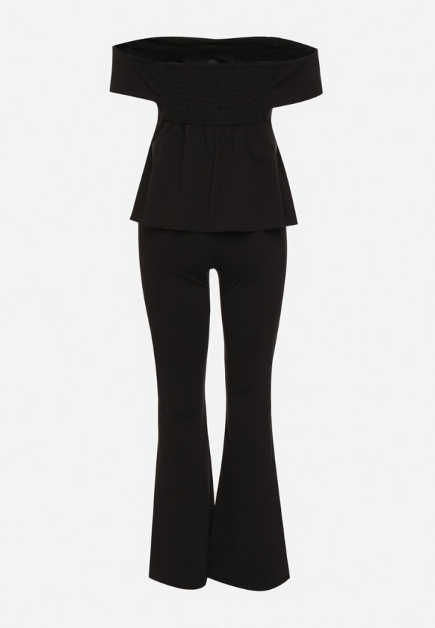 Czarny Komplet Garniturowy Bluzka Hiszpanka z Guzikami i Spodnie Dzwony Yaskio