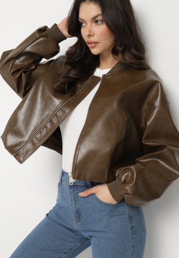Brązowa Kurtka z Wiskozą w Stylu Bomberki z Ekoskóry Nanisiela