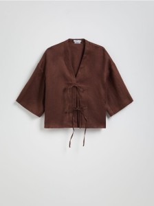 Lniana bluzka z wiązaniami - ciemnobrązowy