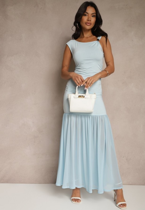 Niebieska Sukienka Koktajlowa z Wiskozą i Marszczeniem Galoriella