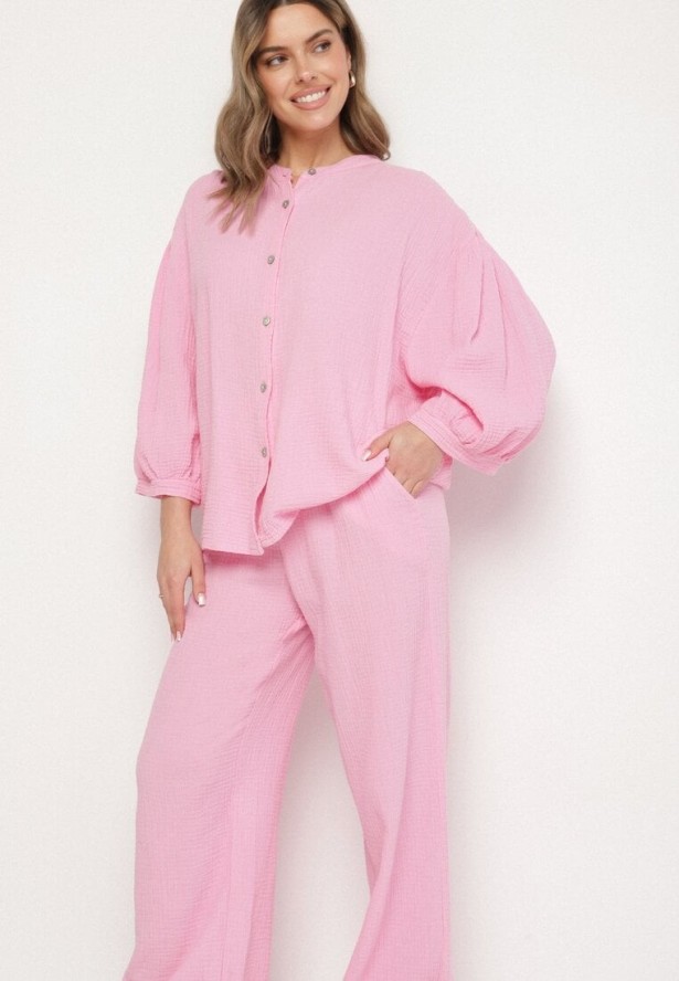 Różowy Muślinowy Komplet z Bawełny o Kroju Oversize Koszula i Szerokie Spodnie Ziselia