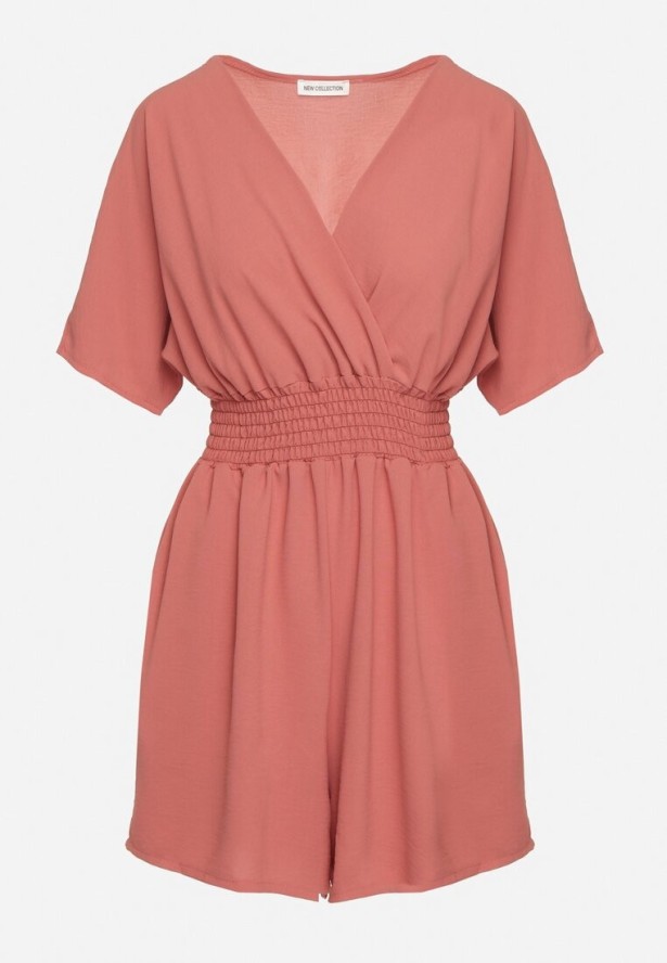 Różowy Kombinezon z Zakładkowym Dekoltem i Gumką w Talii Belandrea