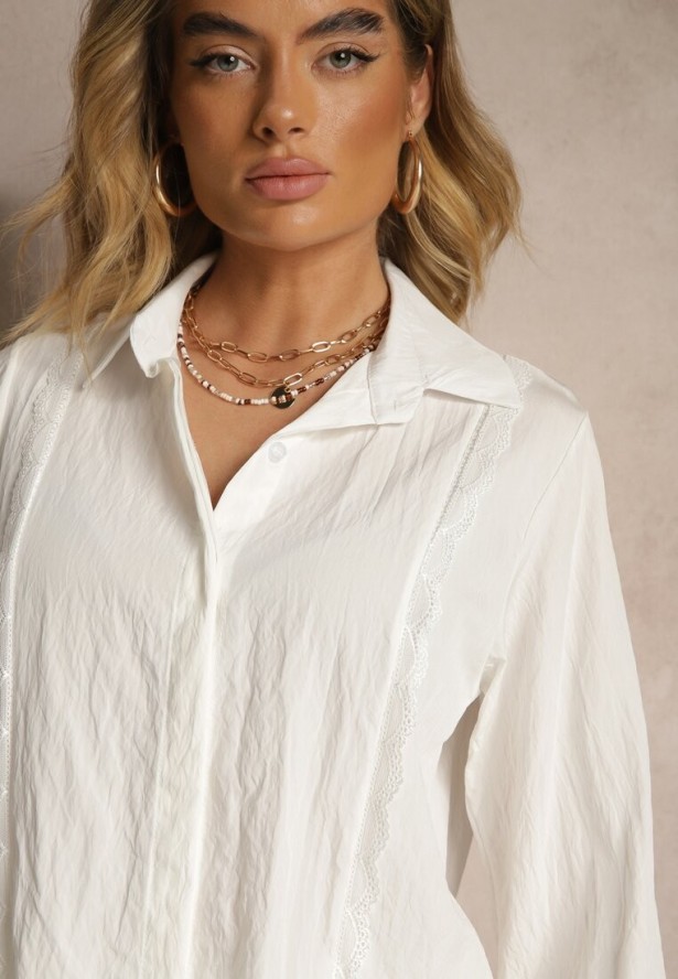 Biała Koszula z Wiskozą Ozdobiona Koronką Tenamara