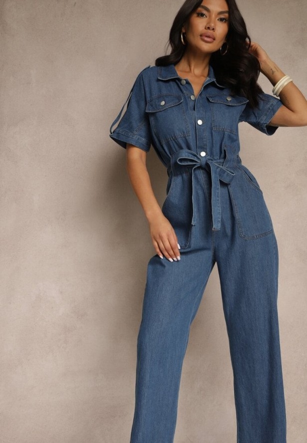 Granatowy Denimowy Kombinezon z Bawełny z Materiałowym Paskiem w Talii i Szerokimi Nogawkami Yonadea