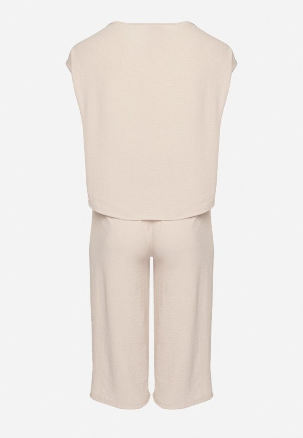 Jasnobeżowy Komplet Bluzka i Szerokie Spodnie Jenoretia