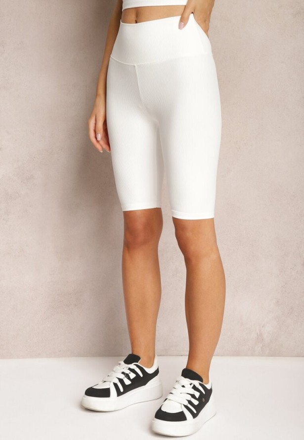 Białe Szorty Typu Kolarki High Waist z Prążkowanego Materiału Vimara