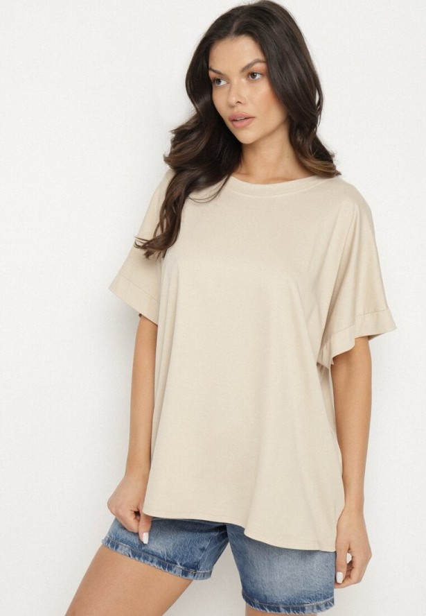 Beżowy T-shirt z Wiskozą o Kroju Nietoperza Tanariona