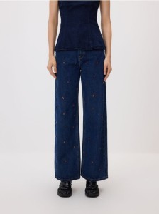 Jeansy wide leg z aplikacjami - granatowy