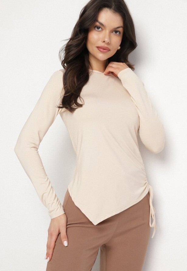 Beżowa Asymetryczna Bluzka z Wiskozą z Długim Rękawem i Ściągaczem Zeilane