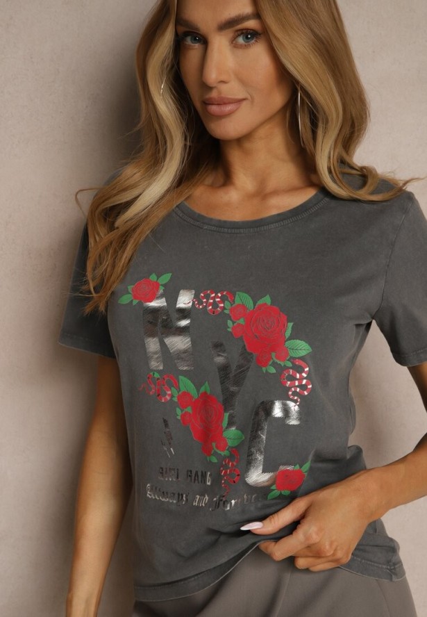 Ciemnoszary Bawełniany T-shirt z Kwiatami i Napisami Savinele