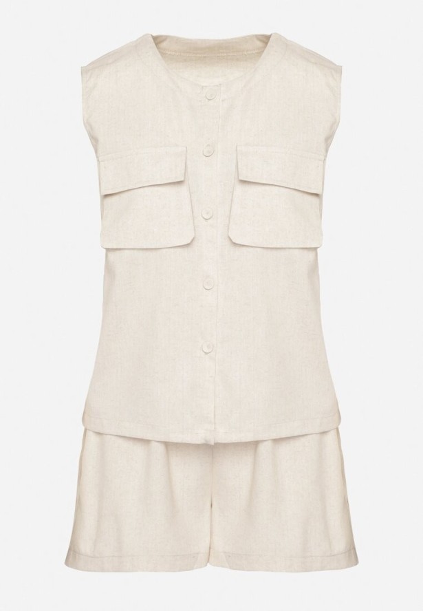 Jasnobeżowy Komplet z Wiskozy Szorty i Bluzka na Guziki z Kieszeniami Alaniella