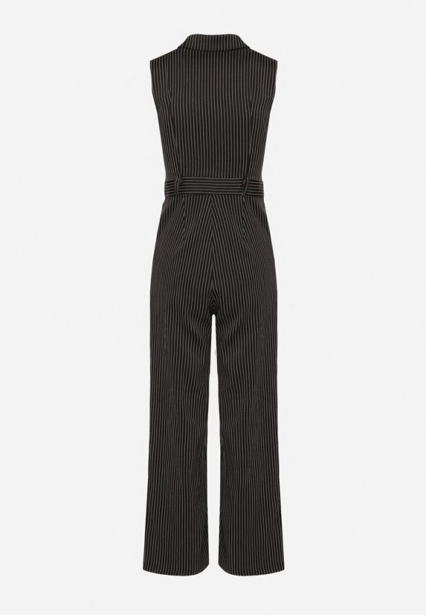 Czarny Kombinezon w Garniturowym Stylu w Drobne Paski Sarisse